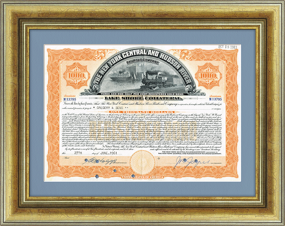 Золотая облигация в 1000 долларов Центральной Нью-Йоркской железной дороги